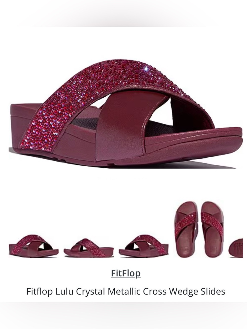 Fitflop Lulu PLUMBERRY Sparkle Crystal Metallic Criss Cross Wedge Slides NIB 7.5